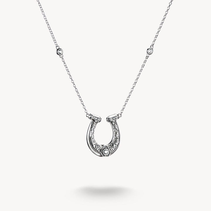 Silver horseshoe necklace on a white background