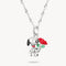 Silver pendant of a dog holding a red rose on a white background