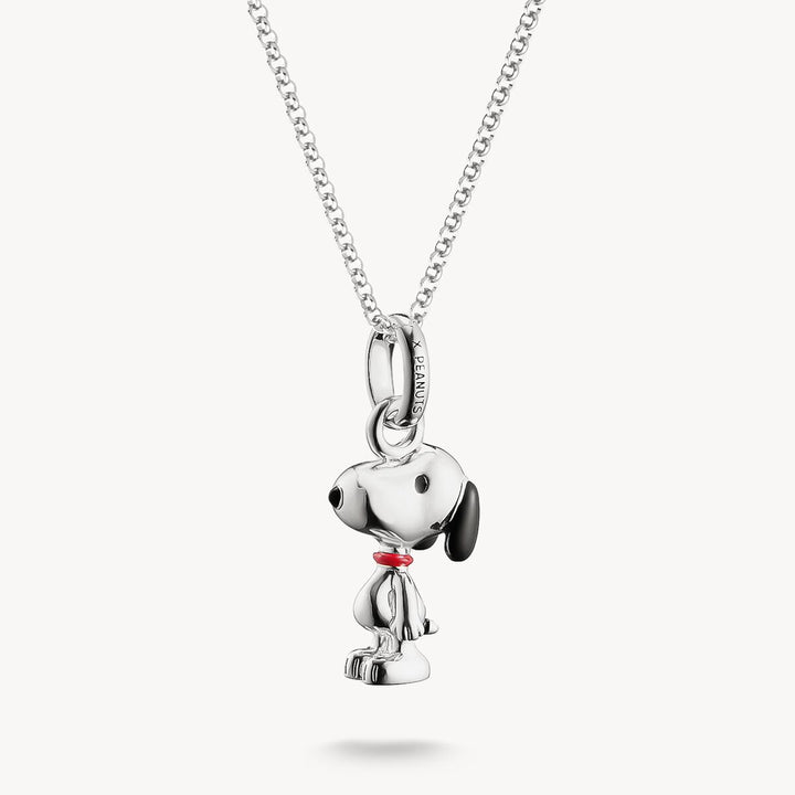 Silver dog-shaped pendant on a chain against a white background