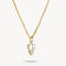 Gold necklace with a three-stone heart-shaped diamond pendant on a white background