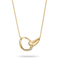 A gold necklace featuring an open interlocking ring pendant with a small row of clear stones on one side and a teardrop-shaped gold element on the other, shown on a white background.
