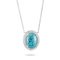 An oval pendant necklace featuring a vibrant turquoise stone with black matrix veining, surrounded by a halo of small clear stones and set in silver-toned metal, suspended from a delicate silver chain against a white background.