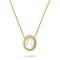 A gold pendant necklace featuring a large oval white mother-of-pearl centerpiece surrounded by a halo of small clear stones, suspended from a delicate gold chain on a white background.