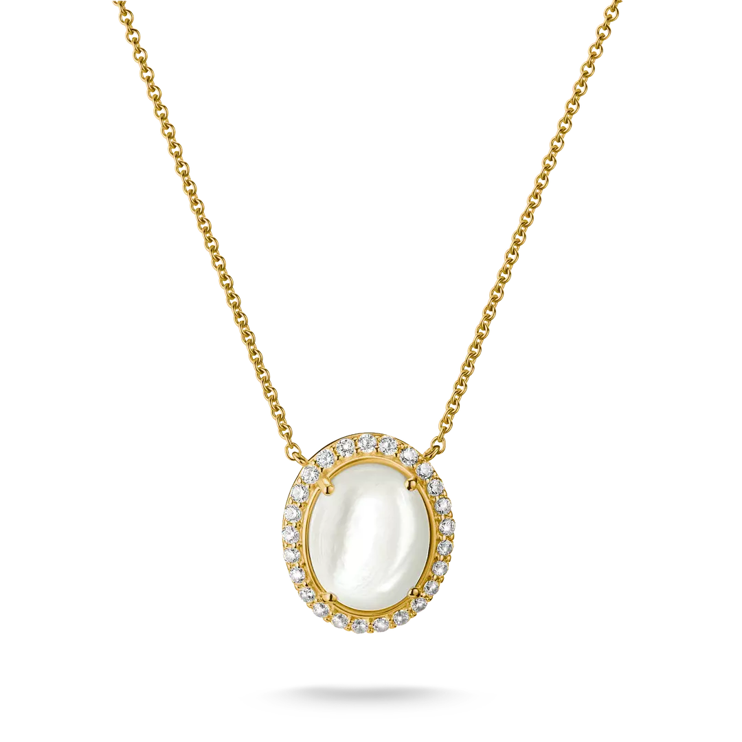 A gold pendant necklace featuring a large oval white mother-of-pearl centerpiece surrounded by a halo of small clear stones, suspended from a delicate gold chain on a white background.