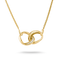 A gold necklace with an interlocking knot pendant, featuring a curved section paved with small clear stones and the word 'LOVE' engraved on the top loop, shown against a plain white background.