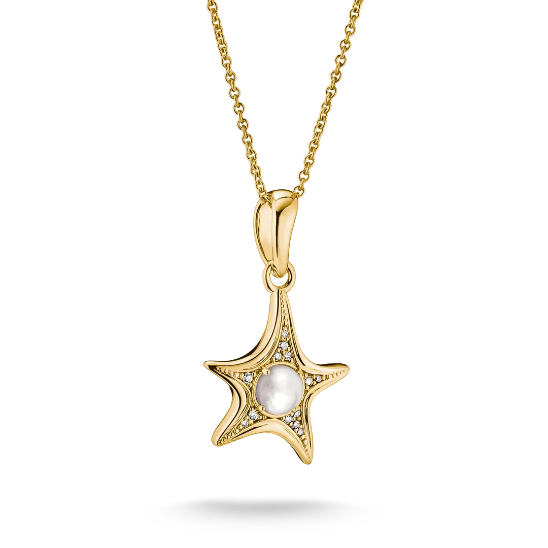 A gold starfish pendant necklace featuring a central white pearl and small clear accent stones, shown on a clean white background.