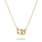 A gold chain necklace featuring two interlocking ring pendants, one with Roman numerals and the other set with small clear stones, shown on a clean white background.