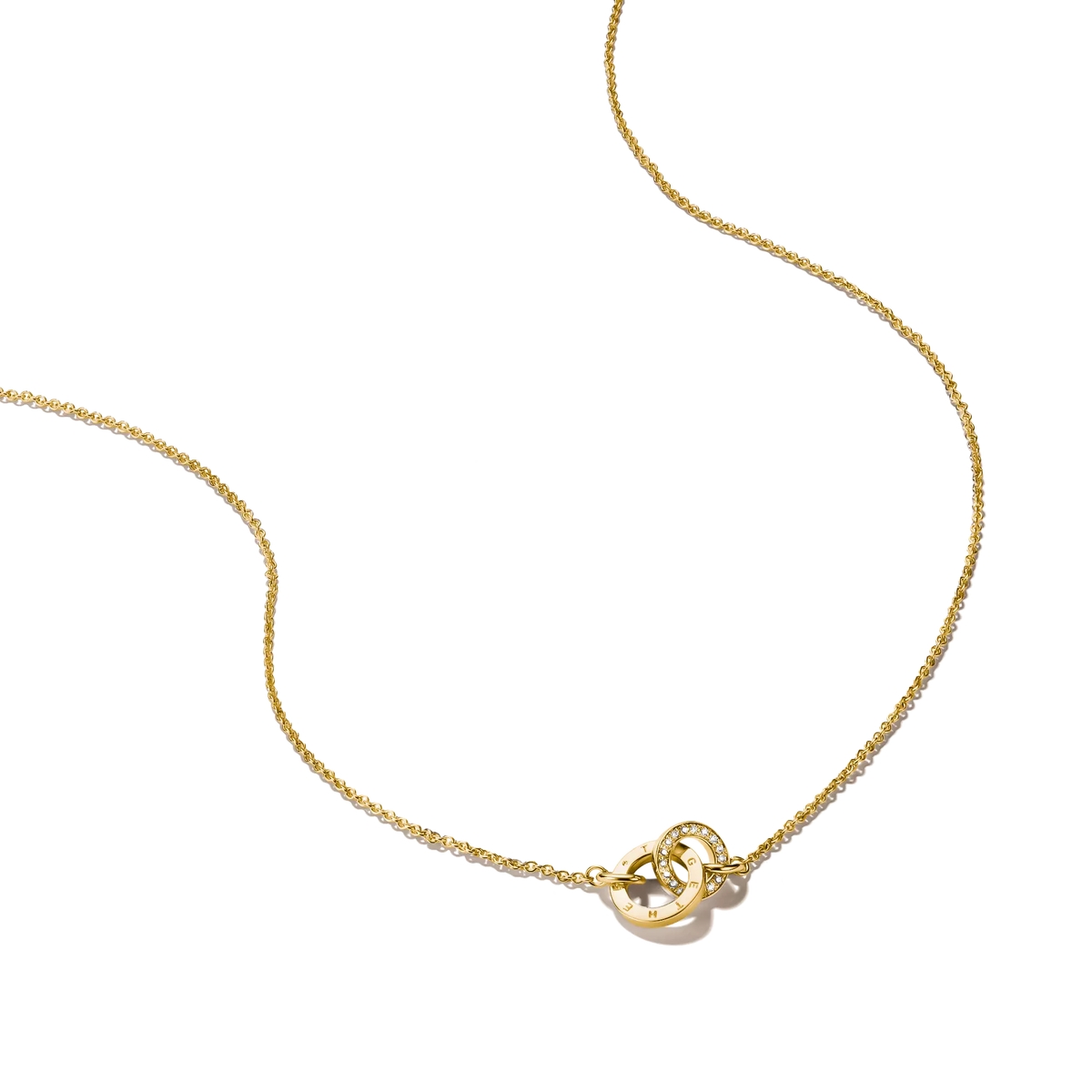 A delicate gold chain necklace featuring a small interlocking double-helix style pendant, displayed on a clean white background.