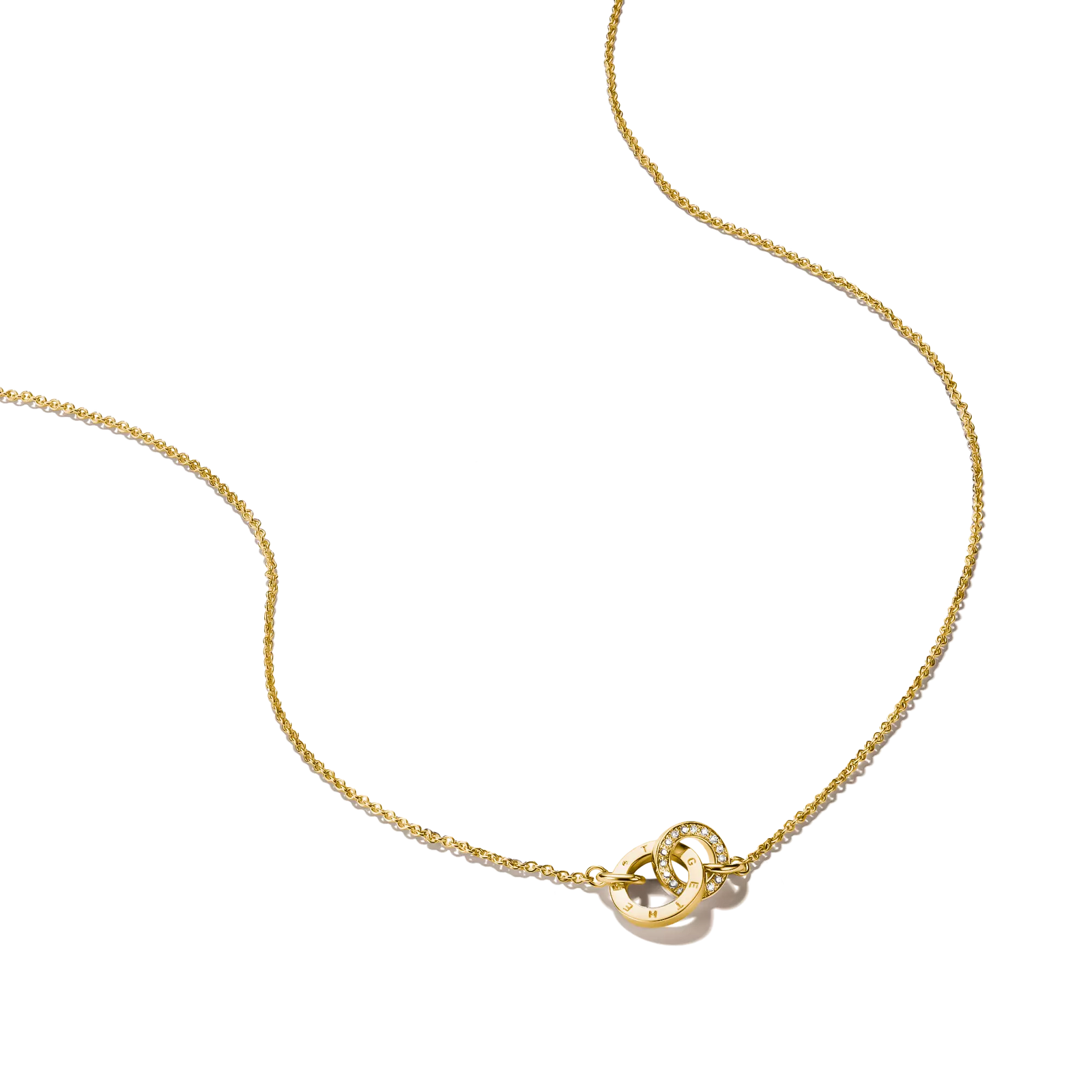 A gold chain necklace featuring two interlocking ring pendants, one with Roman numerals and the other set with small clear stones, shown on a clean white background.