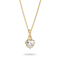 A yellow gold necklace with a heart-shaped clear gemstone pendant in a prong setting, suspended from a delicate gold chain against a white background.