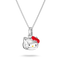A silver Hello Kitty pendant necklace featuring a polished silver cat head with a bright red bow and small yellow nose, hanging from a delicate silver chain against a white background.