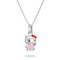 A silver Hello Kitty pendant necklace featuring a silver Hello Kitty figure wearing a pink dress and red bow, suspended from a silver cable chain on a white background.