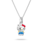 A silver Hello Kitty pendant necklace featuring a detailed character charm with blue overalls, yellow shoes, and a red bow, suspended from a delicate silver chain against a white background.