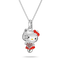A silver Hello Kitty pendant necklace featuring a silver Hello Kitty figure with a red bow, red dress, and a red heart-shaped crystal heart, suspended on a silver chain against a white background.