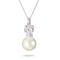 A silver pendant necklace featuring a Hello Kitty character sitting on a large white pearl, suspended from a delicate silver chain against a white background.