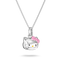 A silver Hello Kitty pendant necklace featuring a polished silver cat head with a pink bow and small yellow nose, suspended from a delicate silver chain against a white background.
