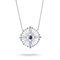 A silver-toned circular pendant necklace featuring a central deep blue sapphire surrounded by clear and light blue accent stones, suspended from a delicate silver chain on a white background.