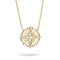 A gold pendant necklace featuring a circular sunburst design with clear gemstones, suspended from a delicate gold chain against a white background.