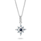 A silver-toned starburst pendant necklace featuring a central dark blue gemstone surrounded by small light blue and clear stones, suspended from a delicate silver chain on a white background.