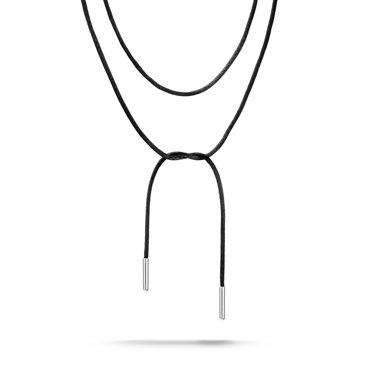 A black braided cord necklace with a knot at the center and silver-toned metal tips at the ends, shown against a plain white background.