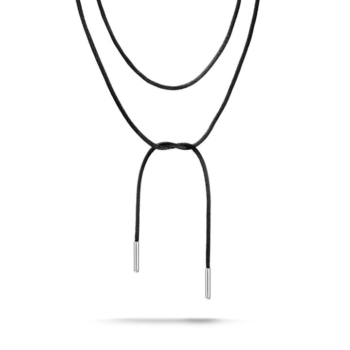 A black braided cord necklace with a knot at the center and silver-toned metal tips at the ends, shown against a plain white background.