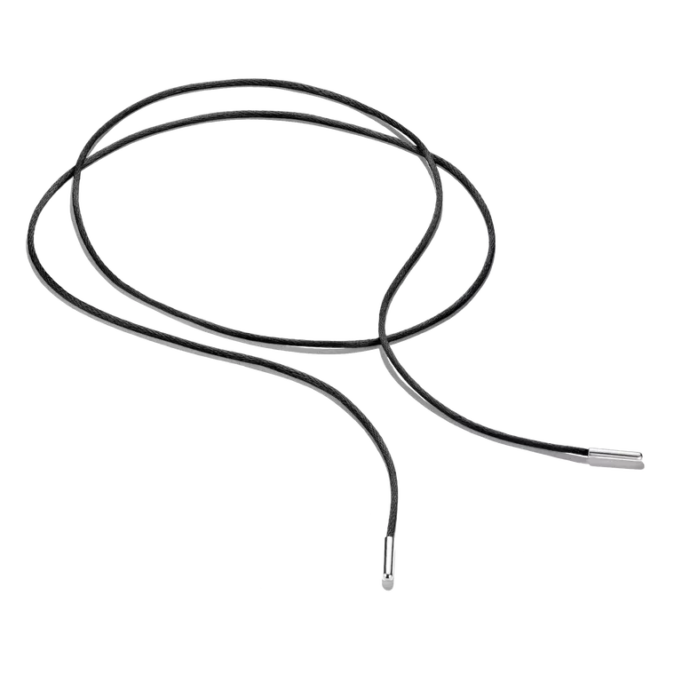 A black braided cord or strap with silver metal connector ends, coiled on a plain white background.