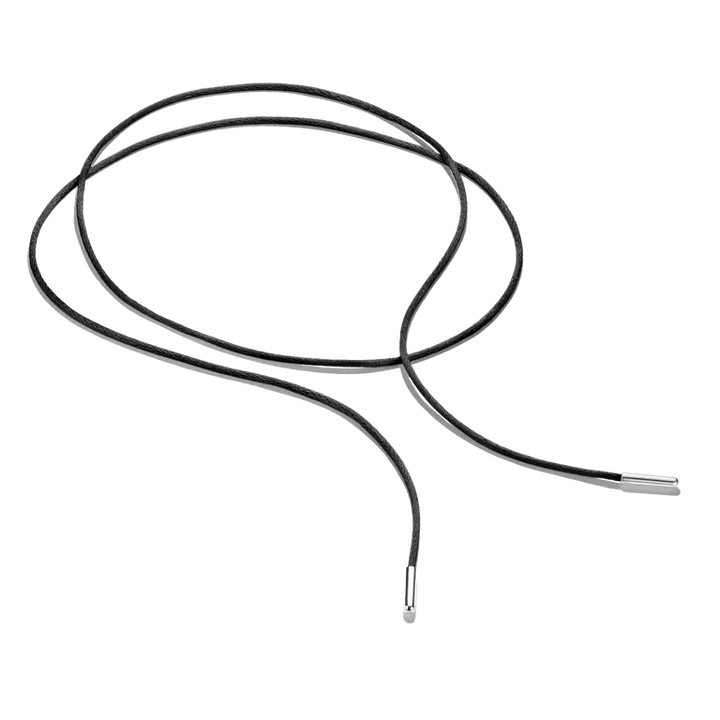 A black braided cord or strap with silver metal connector ends, coiled on a plain white background.