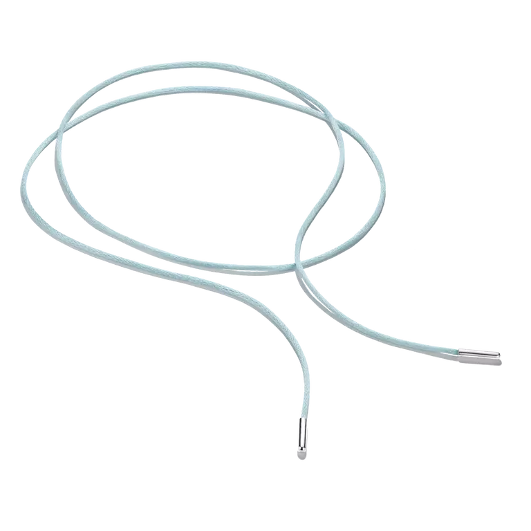 A light blue braided cord necklace with silver metal end caps, coiled on a plain white background.