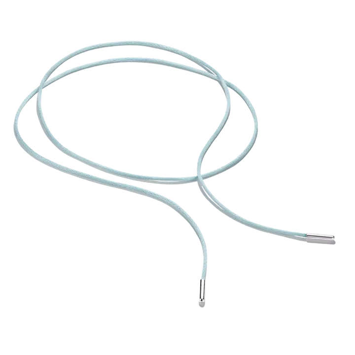 A light blue braided cord necklace with silver metal end caps, coiled on a plain white background.