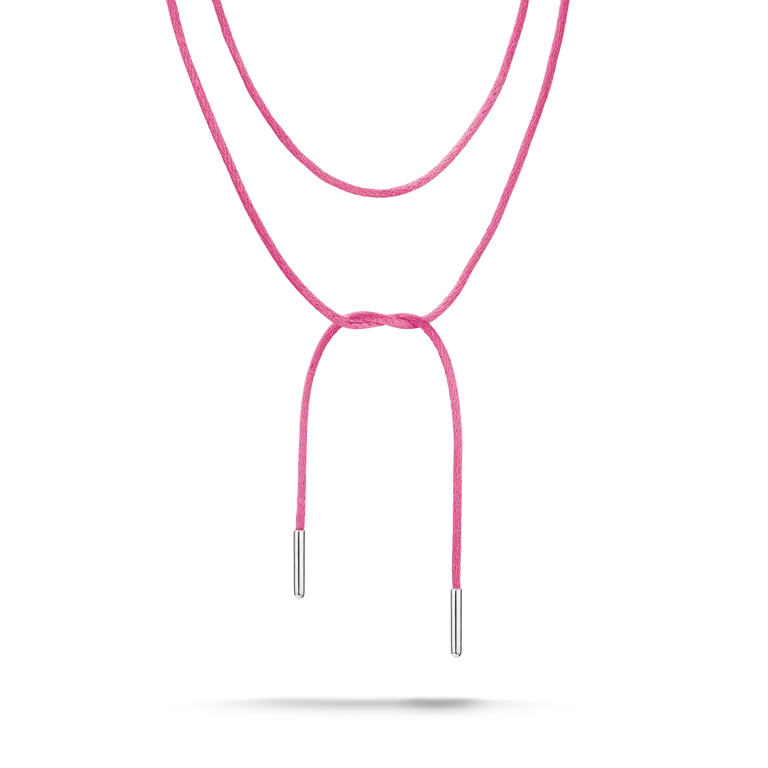 A pink braided cord necklace with silver-toned metal end caps, shown against a plain white background.