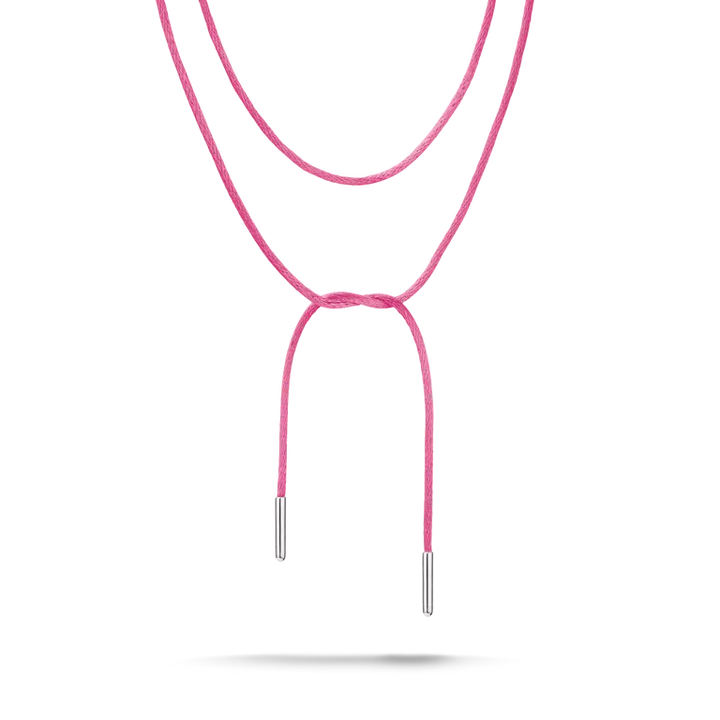 A pink braided cord necklace with silver-toned metal end caps, shown against a plain white background.