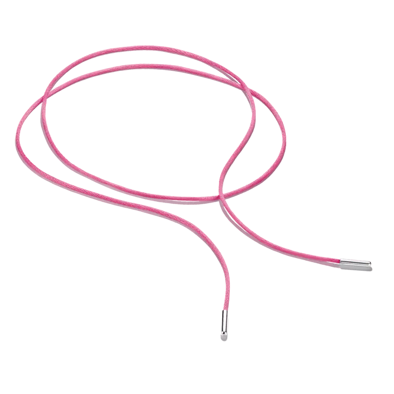 A pink braided cord necklace with silver metal end caps, arranged in a loose loop on a plain white background.