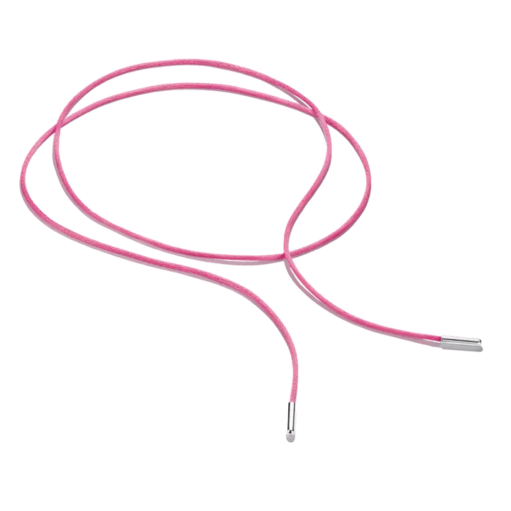 A pink braided cord necklace with silver metal end caps, arranged in a loose loop on a plain white background.