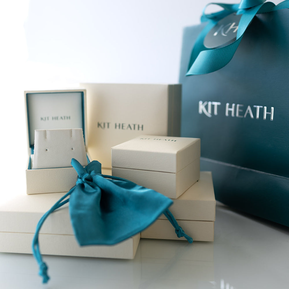 KIT HEATH jewelry packaging with boxes and a teal drawstring bag on a white surface.