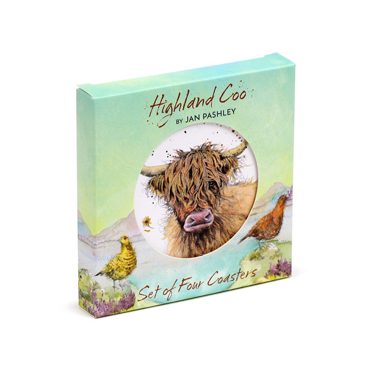Jan Pashley Highland Coo Cow Set of 4 Cork Coasters KP83
