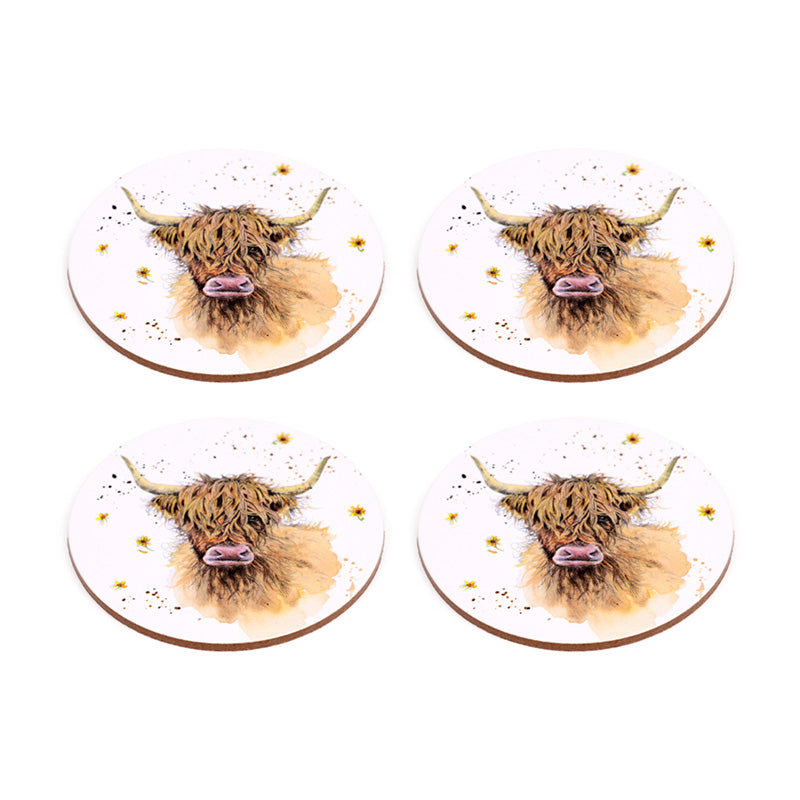 Jan Pashley Highland Coo Cow Set of 4 Cork Coasters KP83