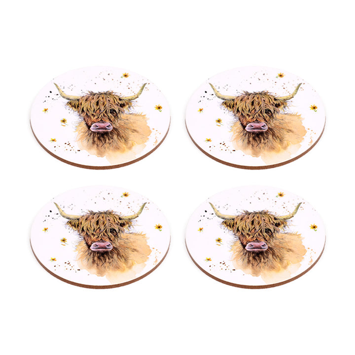 Jan Pashley Highland Coo Cow Set of 4 Cork Coasters KP83