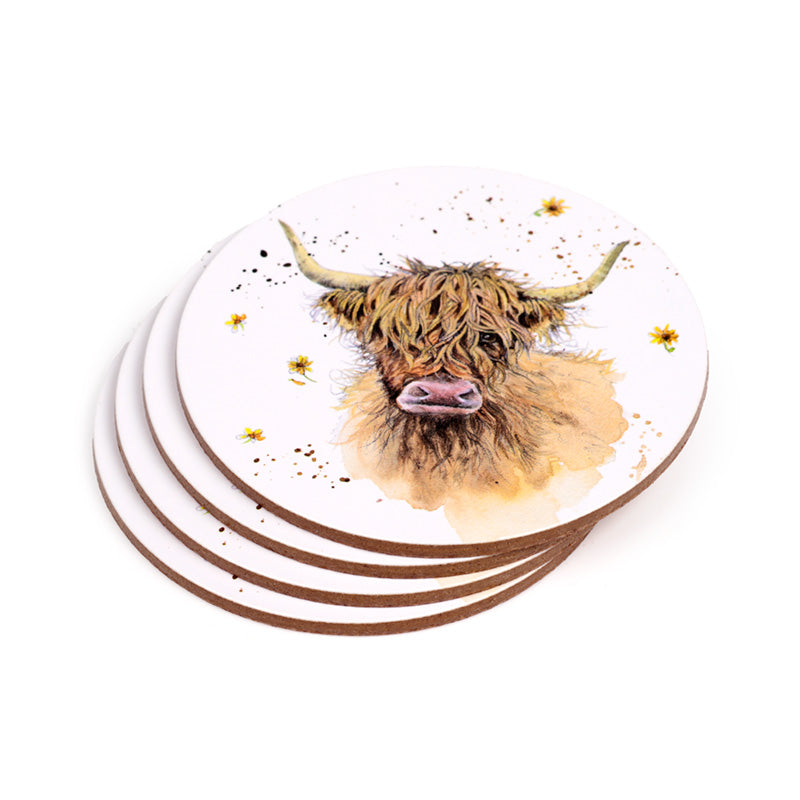 Jan Pashley Highland Coo Cow Set of 4 Cork Coasters KP83