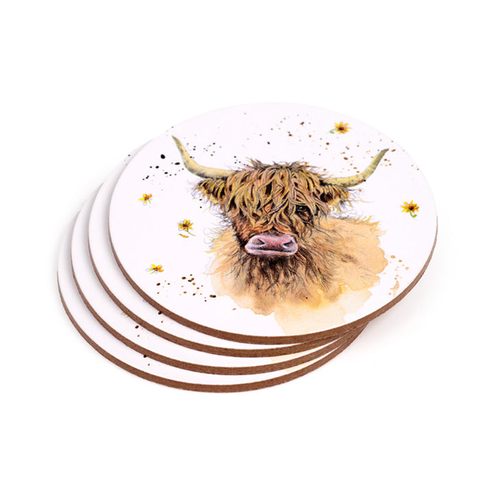 Jan Pashley Highland Coo Cow Set of 4 Cork Coasters KP83