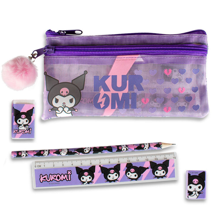 Kurumi-themed stationery set with pouch, ruler, and stickers on a white background