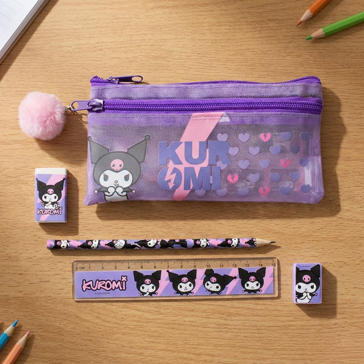 Kuromi-themed stationery set on a wooden surface