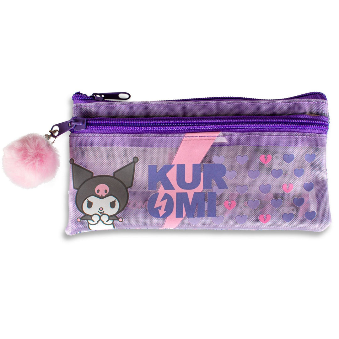 Purple pouch with 'Kurumi' character and pink heart designs on a white background