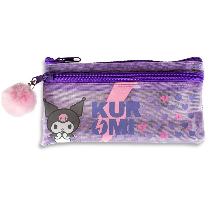 Purple pouch with 'Kurumi' character and pink heart designs on a white background
