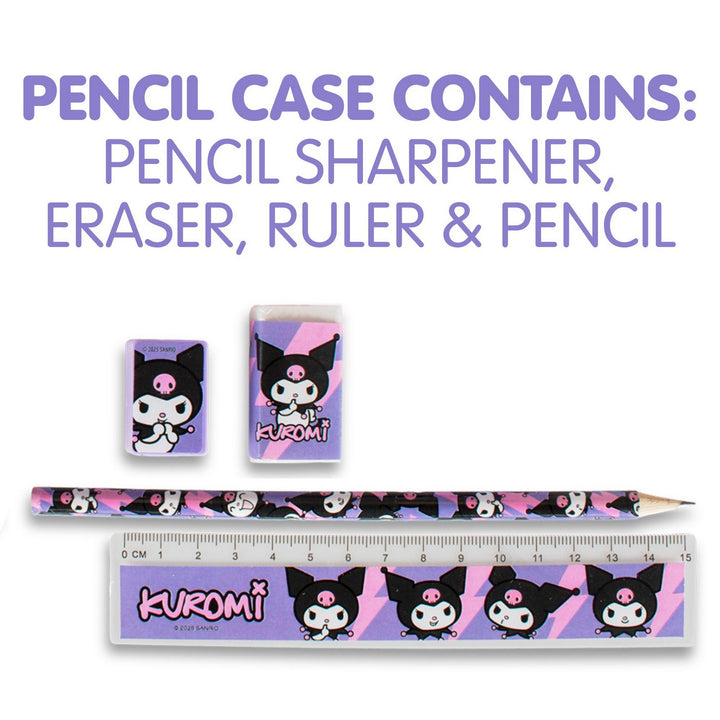 Kuromi-themed stationery set with pencil case, sharpener, eraser, and ruler on a white background.