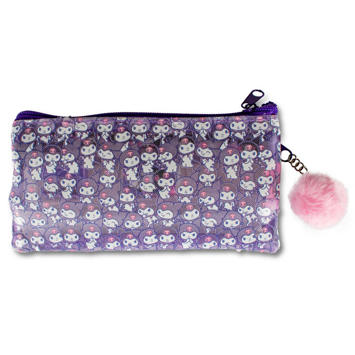 Purple pouch with cartoon character pattern and pink pom-pom on a white background