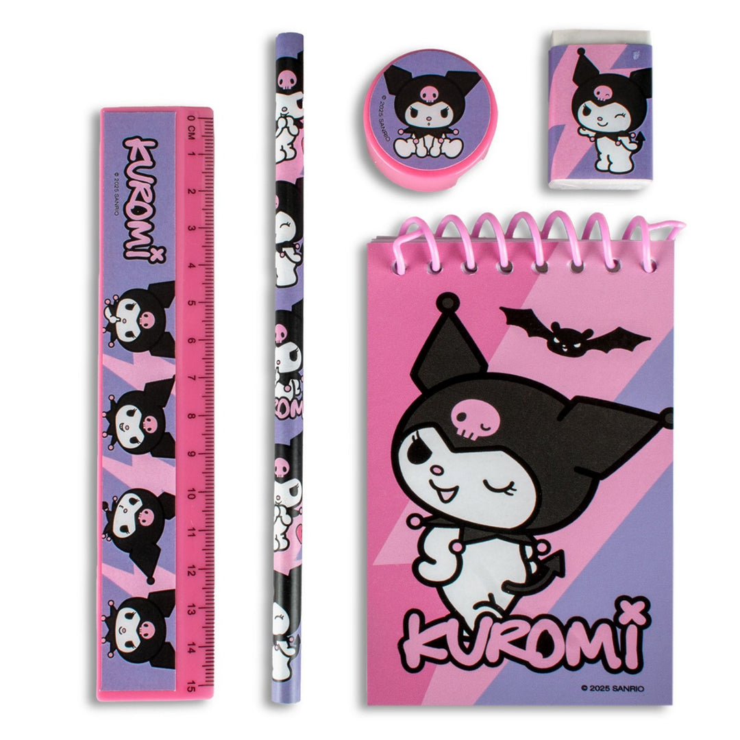 Kuromi-themed stationery set including a notebook, ruler, pencil, and erasers on a white background.