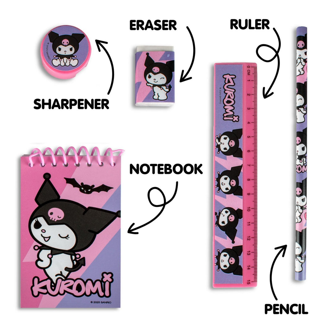 Kuromi-themed stationery items including an eraser, sharpener, notebook, ruler, and pencil on a white background.