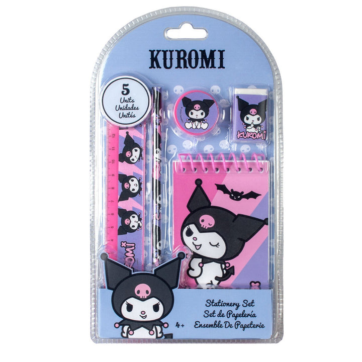Kuromi-themed stationery set in packaging with a blue background