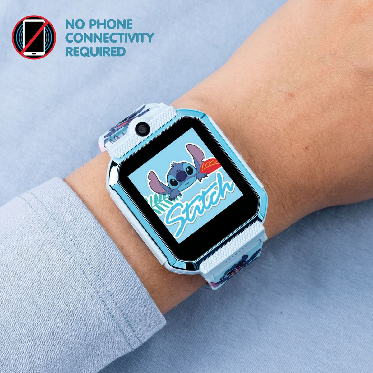 Smartwatch with a cartoon character on the screen, worn on a wrist against a light blue background.