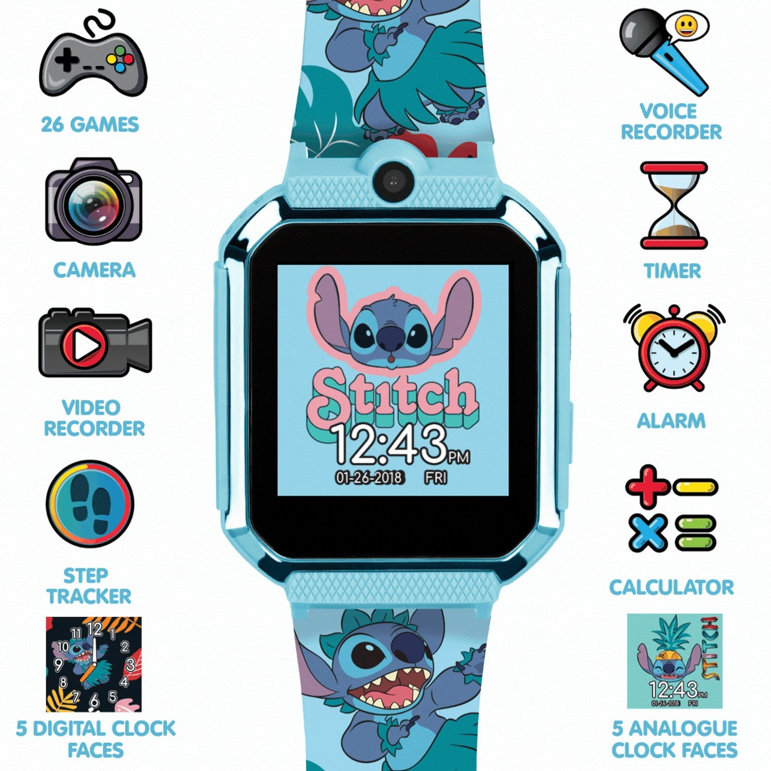 Smartwatch with a cartoon character on the screen and strap on a white background